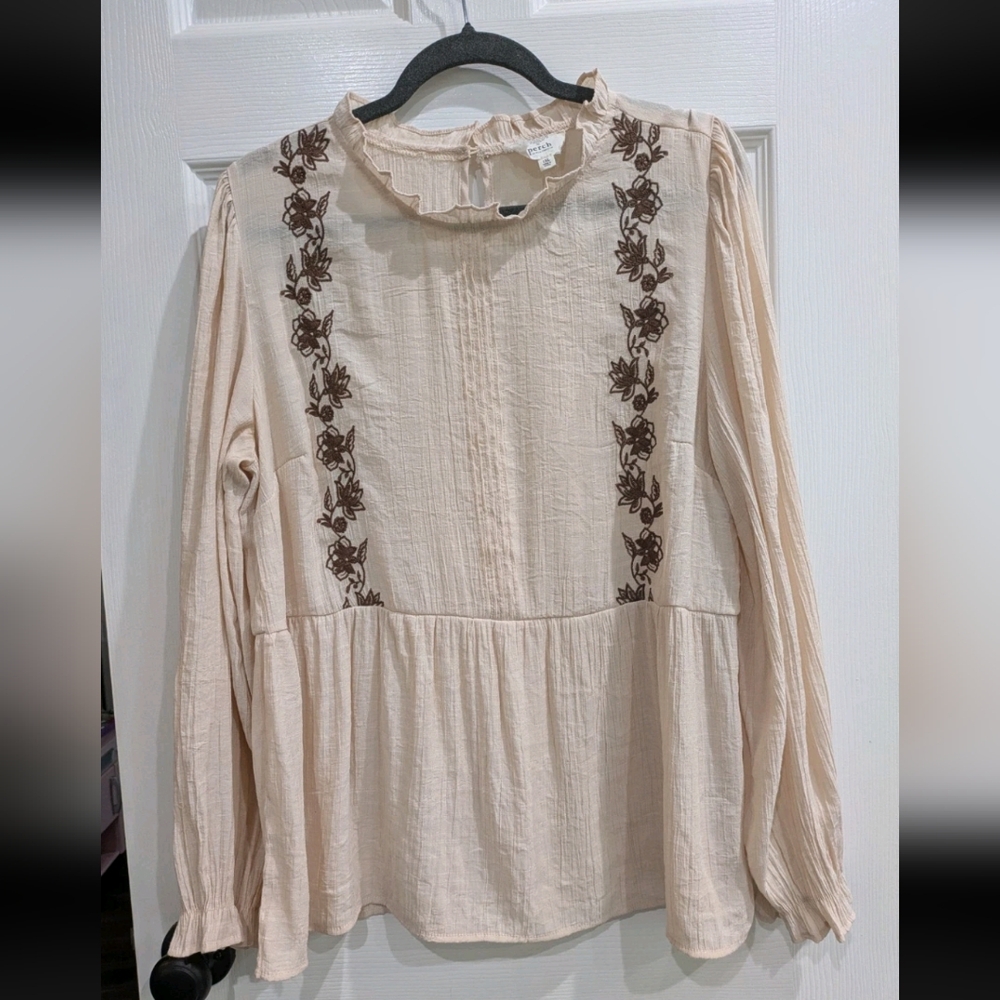 Perch Peasant Babydoll Top‎ Boho 1XL Embroidered Cottagecore LS Floral